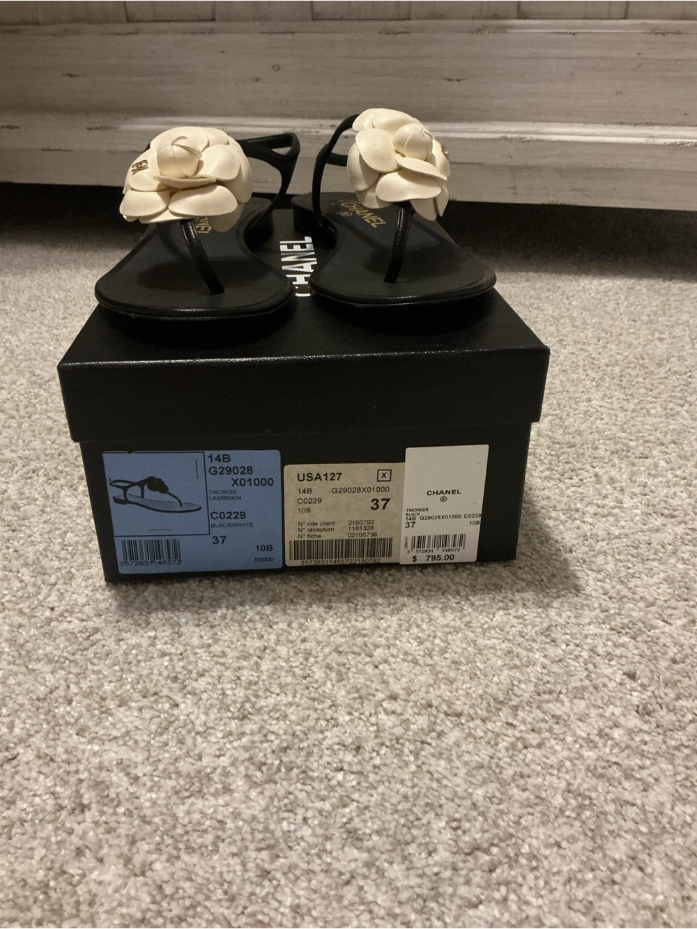 CHANEL Black Thong Sandals with Cream Camellia Detail